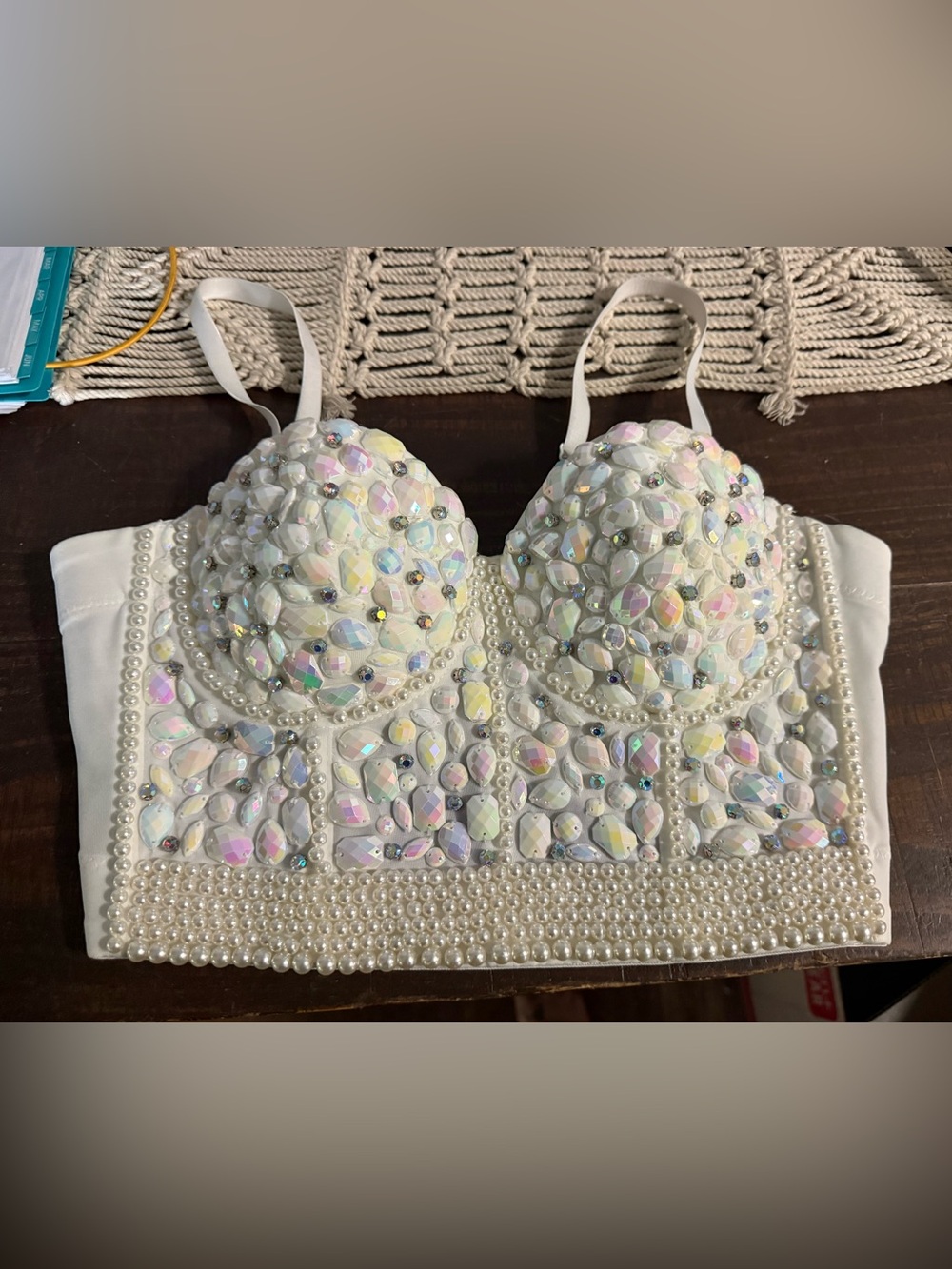 Pearl & Iridescent Sequin Embellished White Bustier Bra